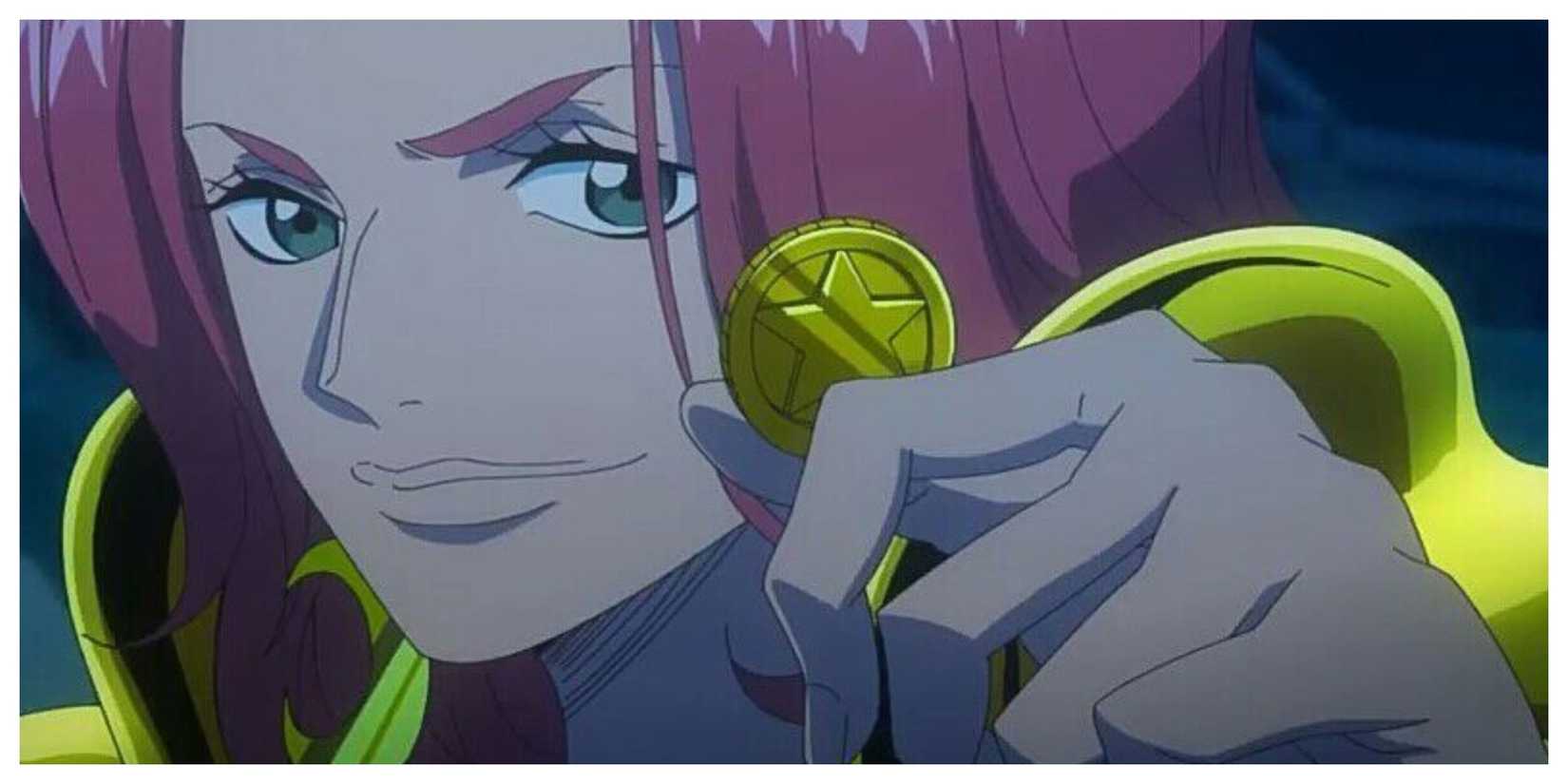 Baccarat holding a single coin, in her hands, a deadly weapon