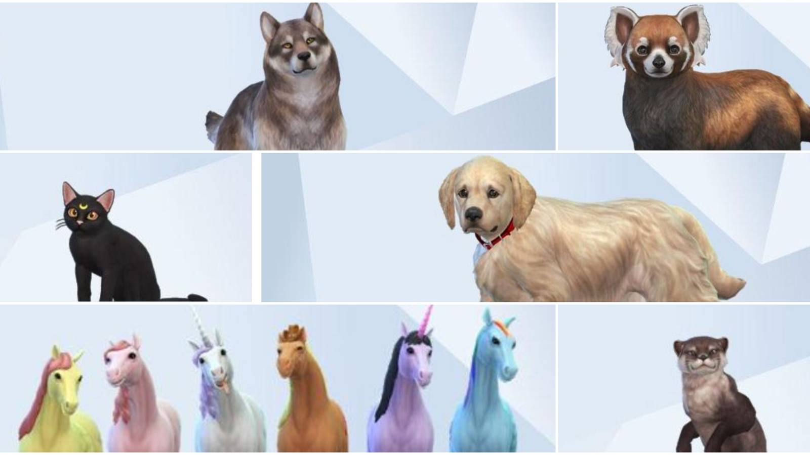 A collage of images of pets found in The Sims 4 gallery, including a Golden Retriever puppy, horses, and replications of otters and red pandas