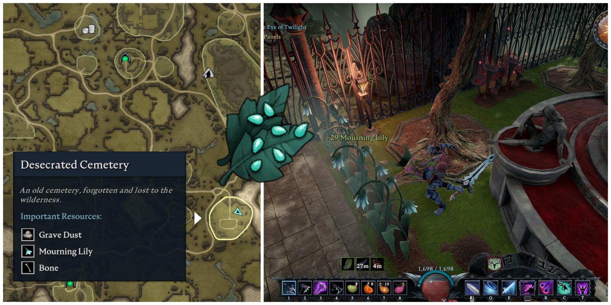 images of the V Rising map and a player farming Mourning Lily