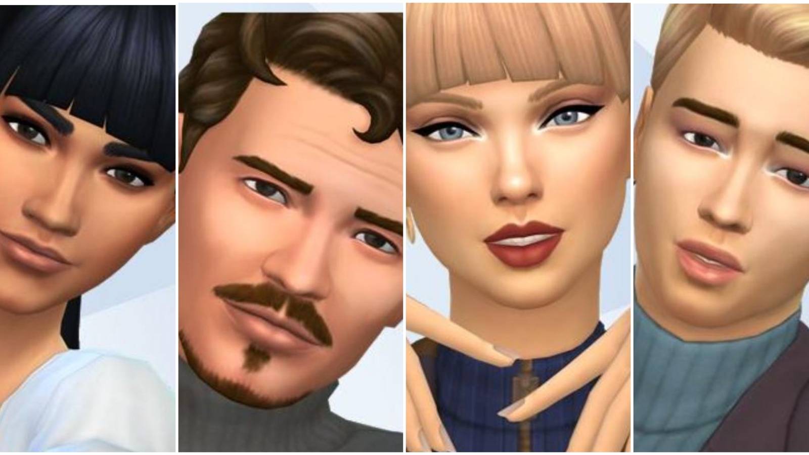 A collage of images of the celebrities Zendaya, Pedro Pascal, Taylor Swift and Park Jimin made in The Sims 4 
