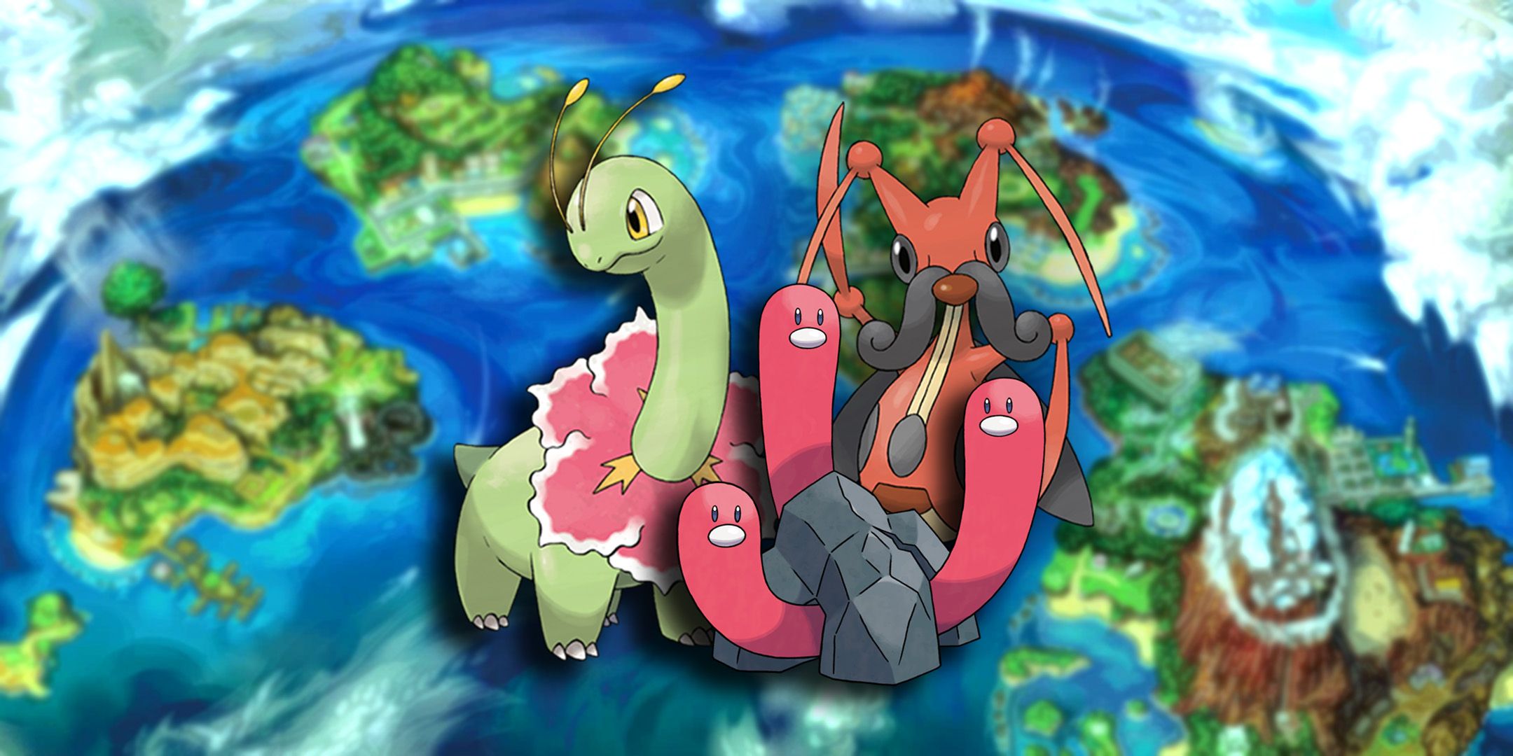 Meganium, Kricketune, and Wugtrio in front of Alola region map