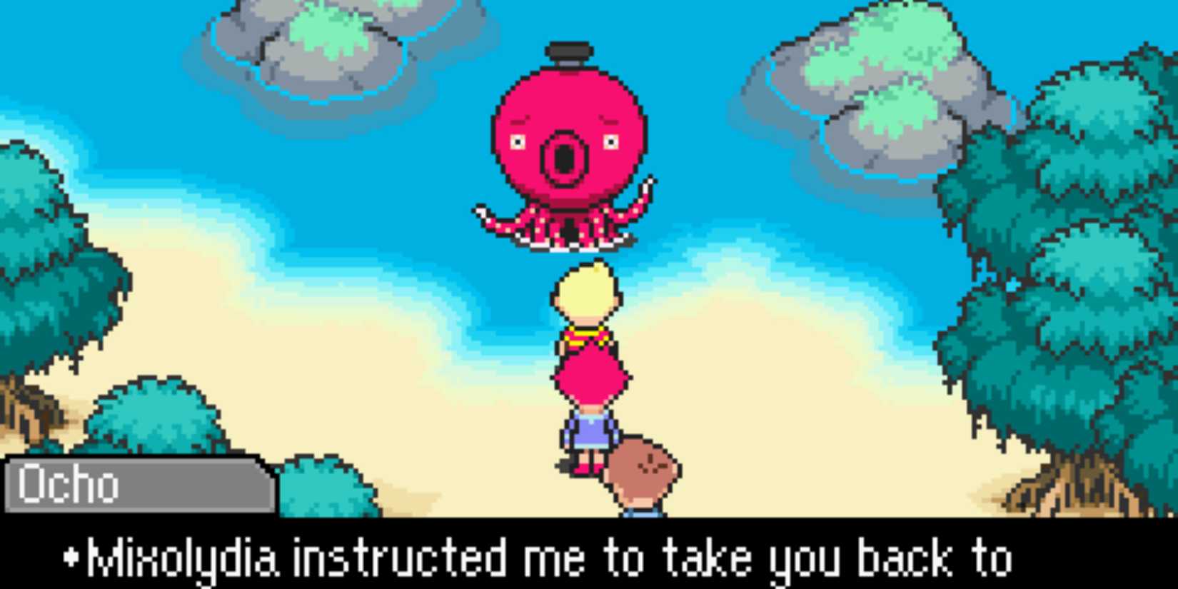 Lucas and co. talking to Ocho by a beach in Mother 3