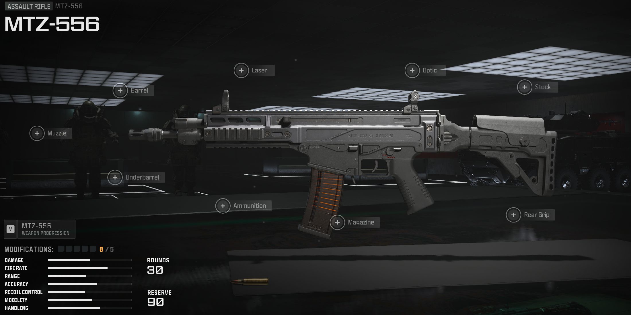 Screenshot showcasing the MTZ-556 in the Gunsmith for Modern Warfare 3 and Warzone 