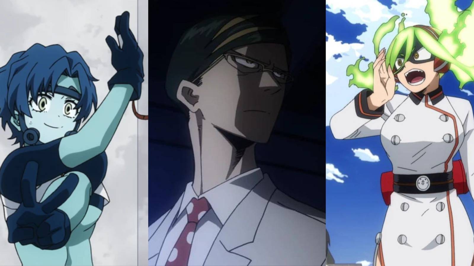 A collage of prominent sidekicks from the My Hero Academia series: Bubble Girl, Sir Nighteye and Burnin.