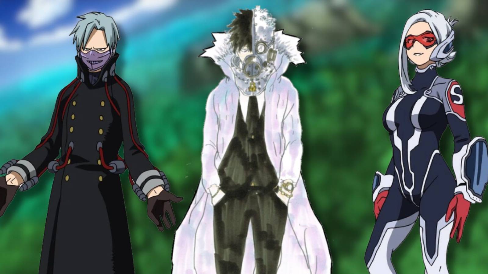 A collage of prominent My Hero Academia characters who should become Canon: Romero Fujimi, Curator and Kashiko Sekigai. 