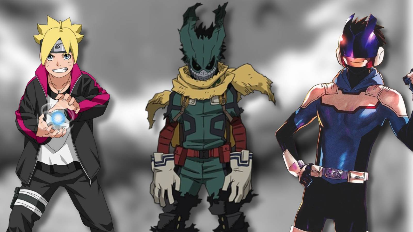 A collage of several characters that reflect reasons as to why MHA should get a new spinoff: Boruto from the Naruto spinoff series, Deku's Dark Hero design and Koichi from the existing spinoff, MHA Vigilantes.