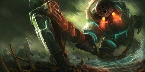 Nautilus attacks a ship with his anchor in his League of Legends splash art.