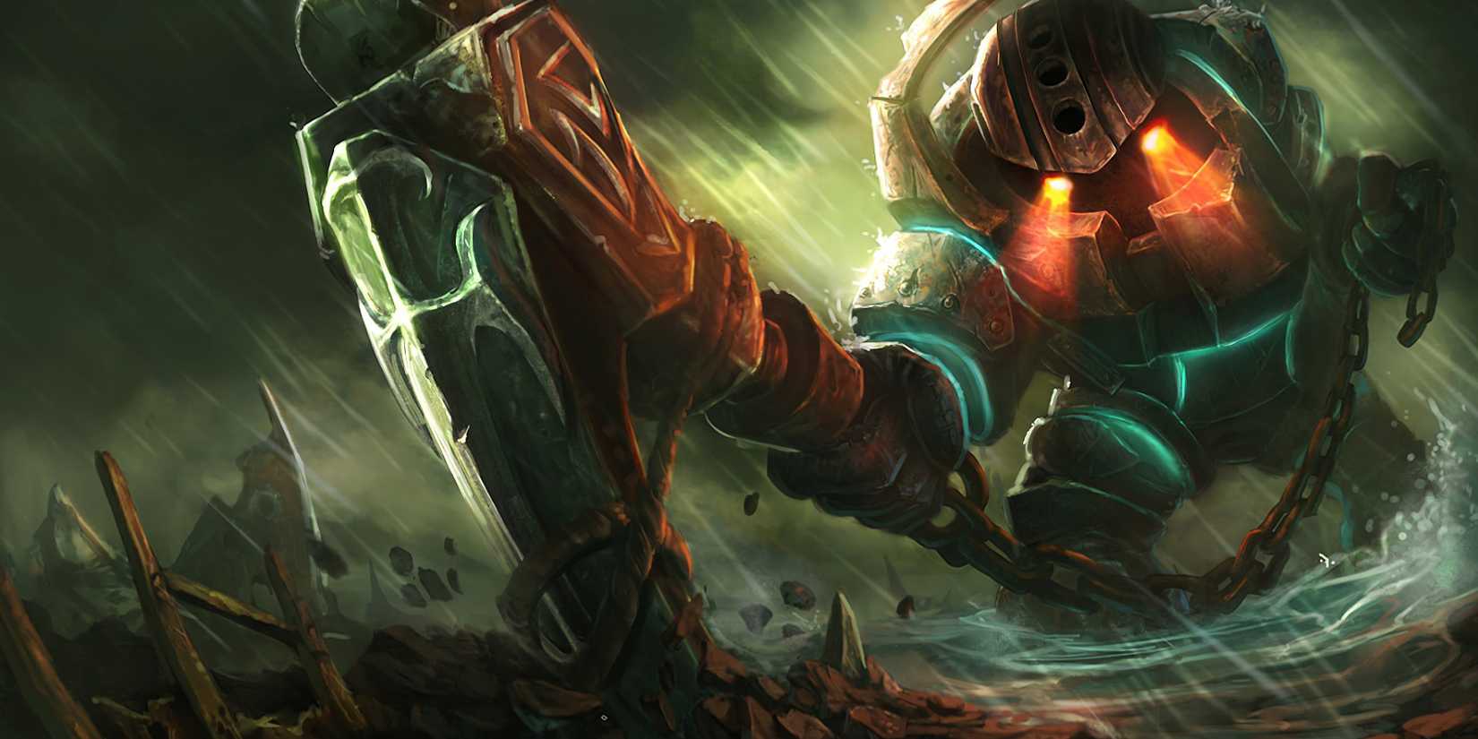 Nautilus attacks a ship with his anchor in his League of Legends splash art.