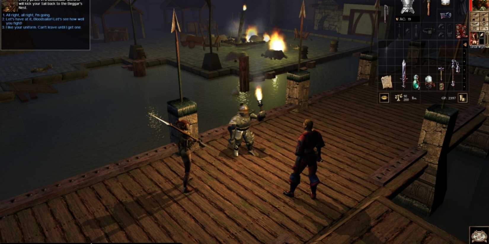 Characters on a dock in the night in Neverwinter Nights