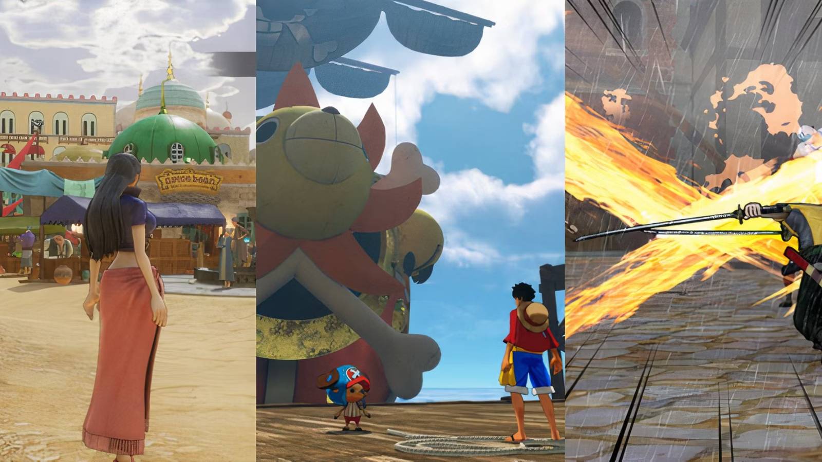 Nico Robin standing from One Piece Odyssey-left, chopper and luffy standing in front of going sunny from Unlimited World Red- middle, Zoro slashing enemies from Pirate Warriors 3-right (1)