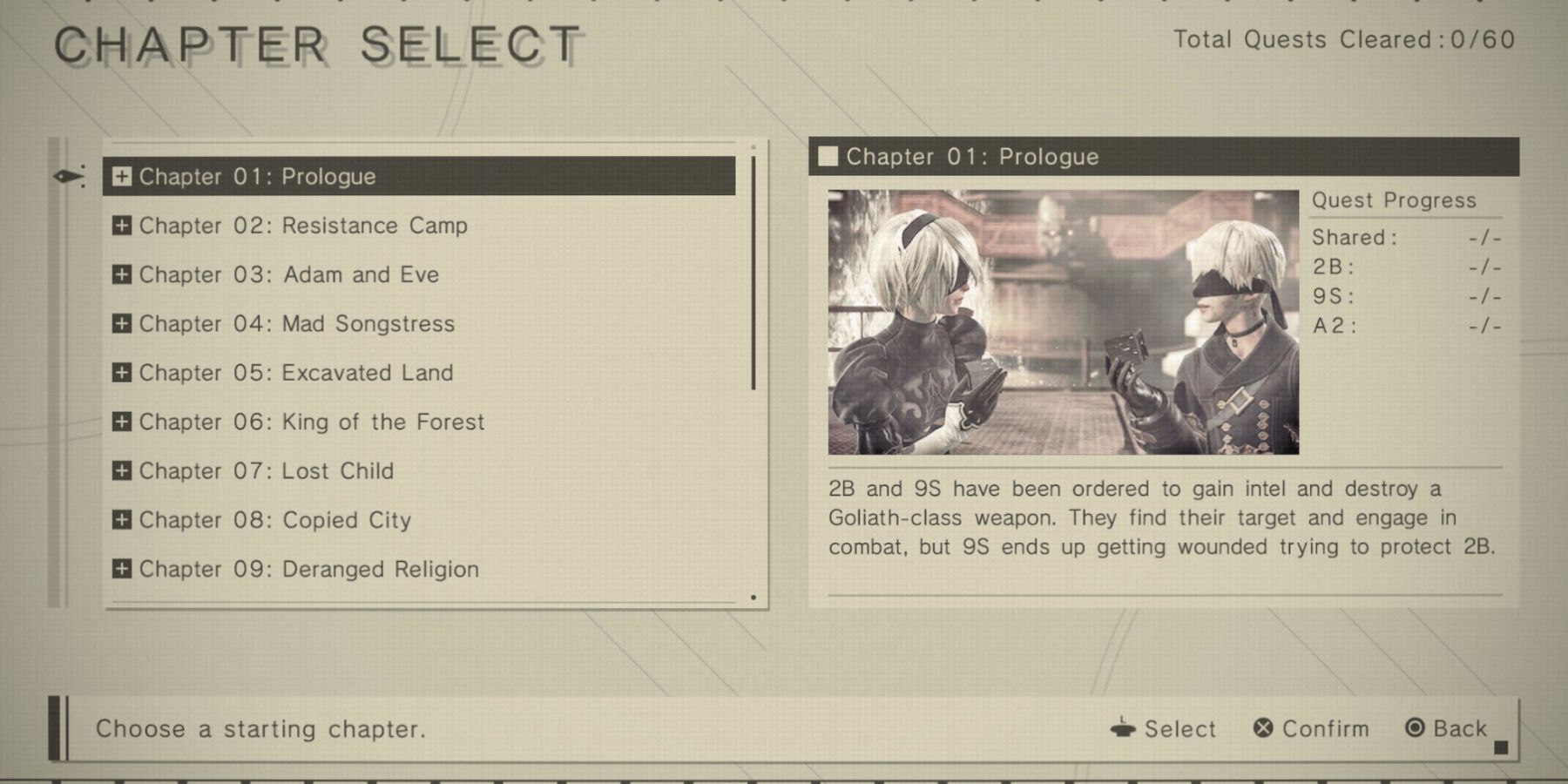 The chapter select cheat activated with zero quests complete in NieR Automata