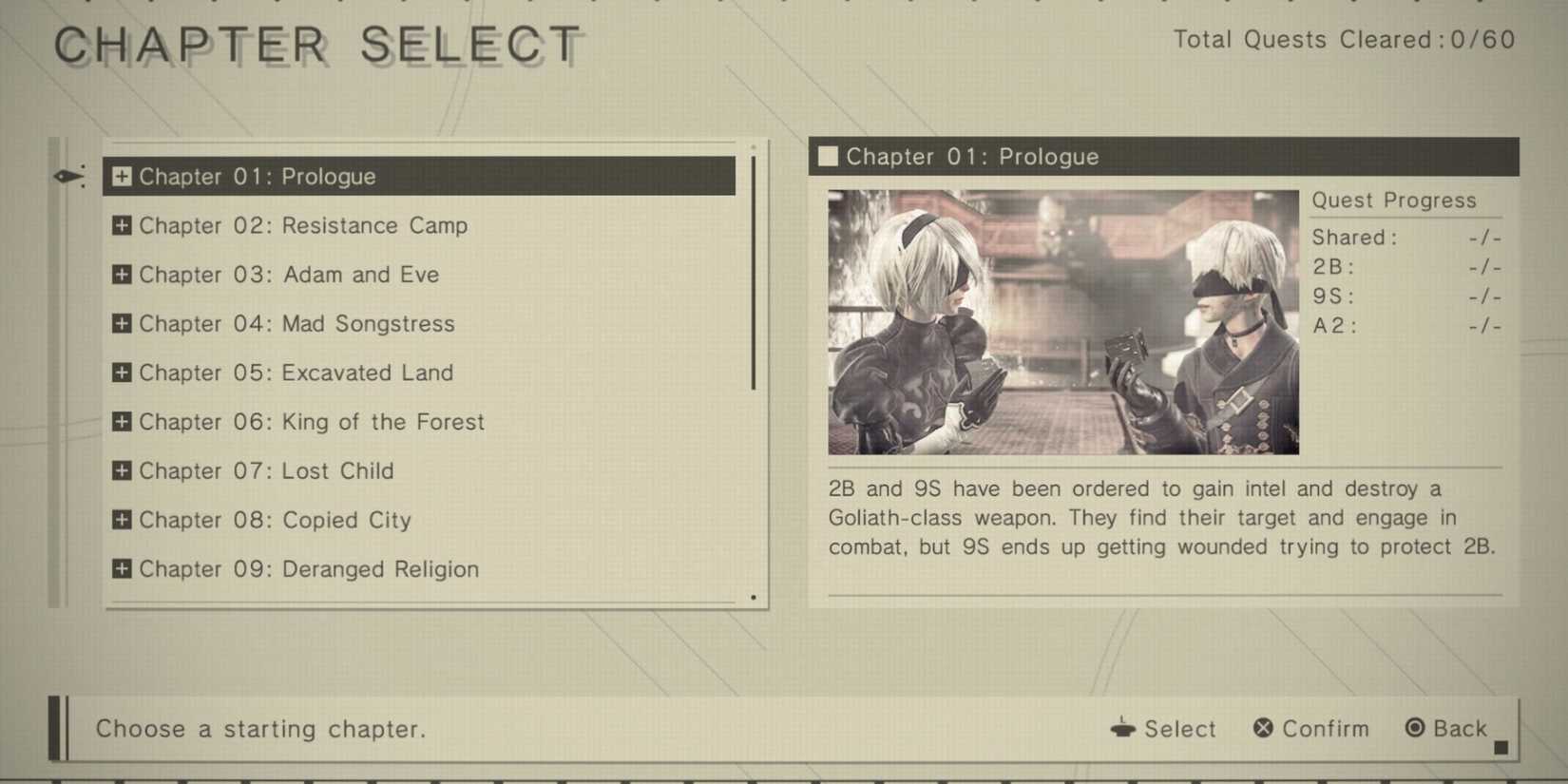 The chapter select cheat activated with zero quests complete in NieR Automata