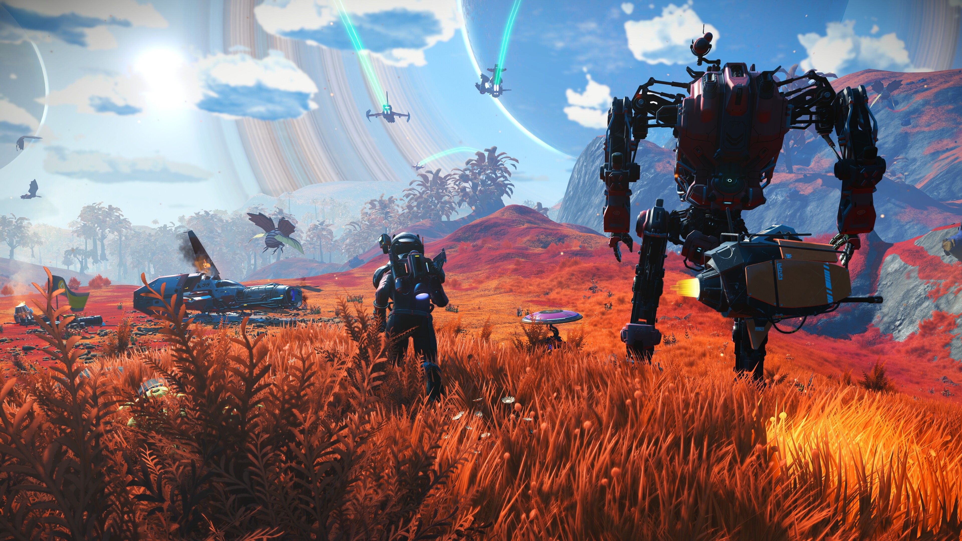 No Man's Sky figure stood in tall grass with rockets flying past