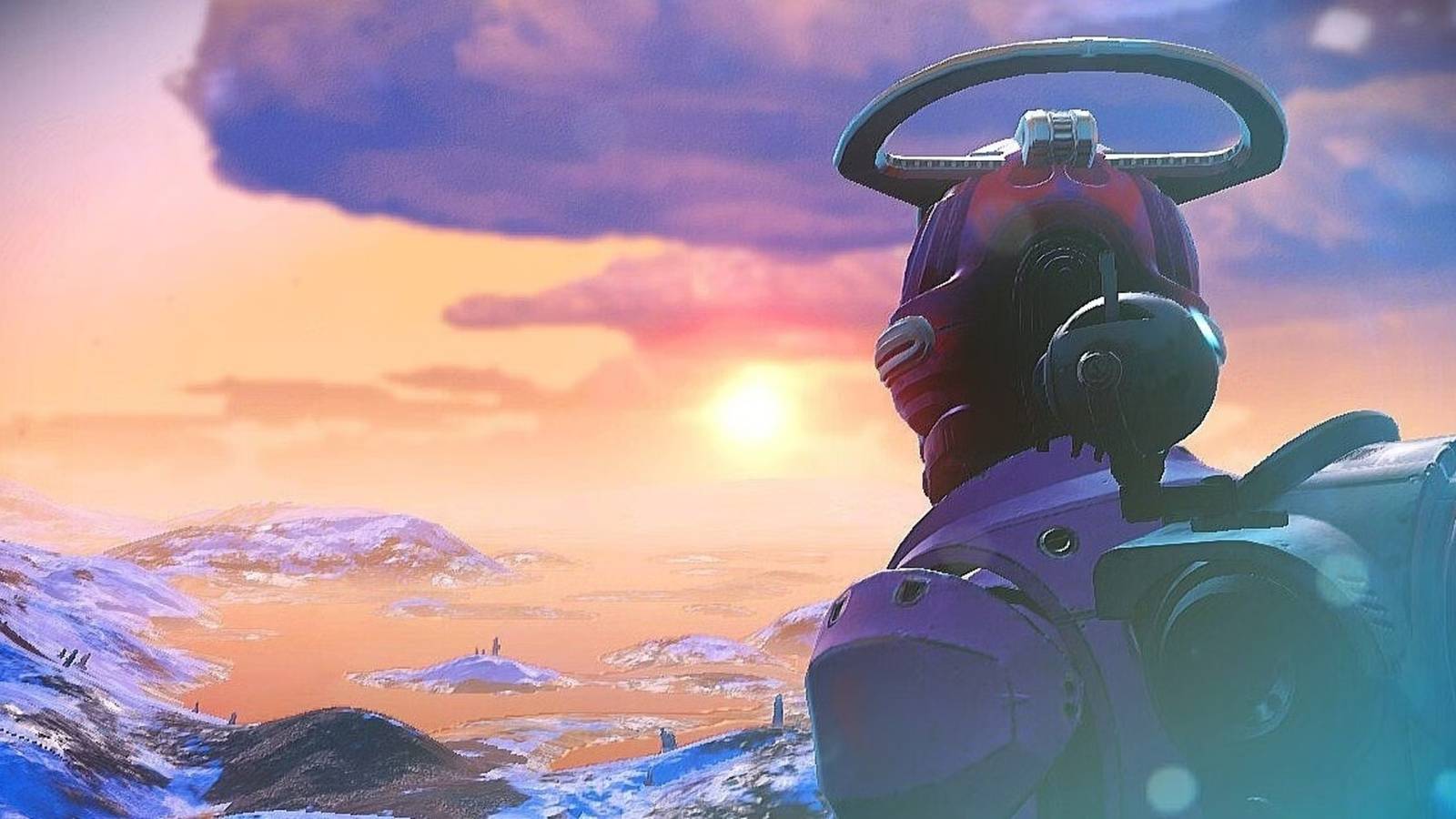 No Man's Sky character looking into the sunset