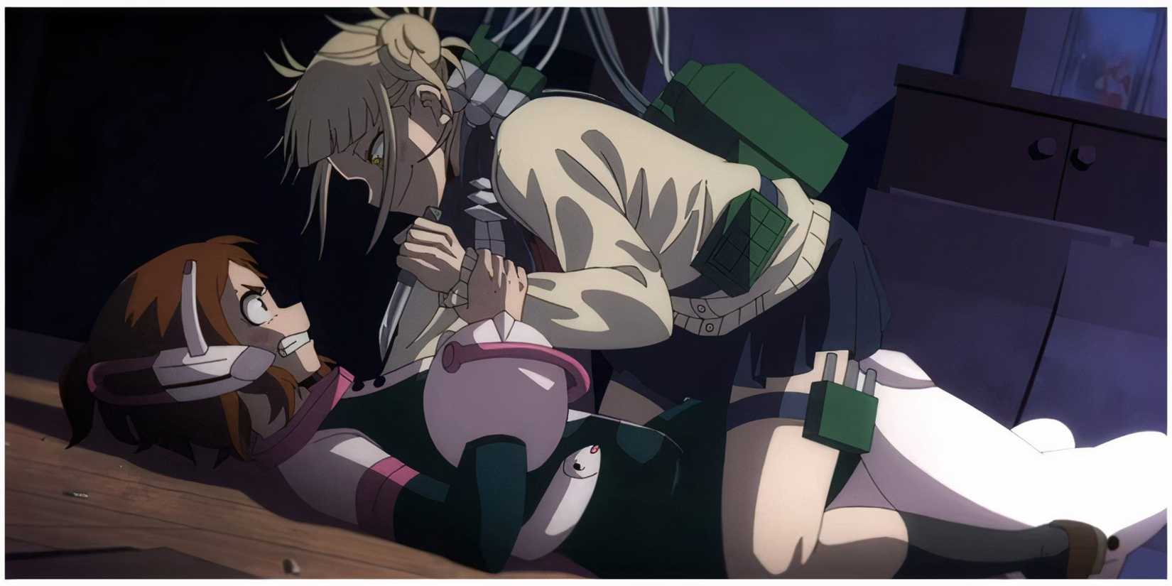 Ochaco fighting Toga with Toga on top