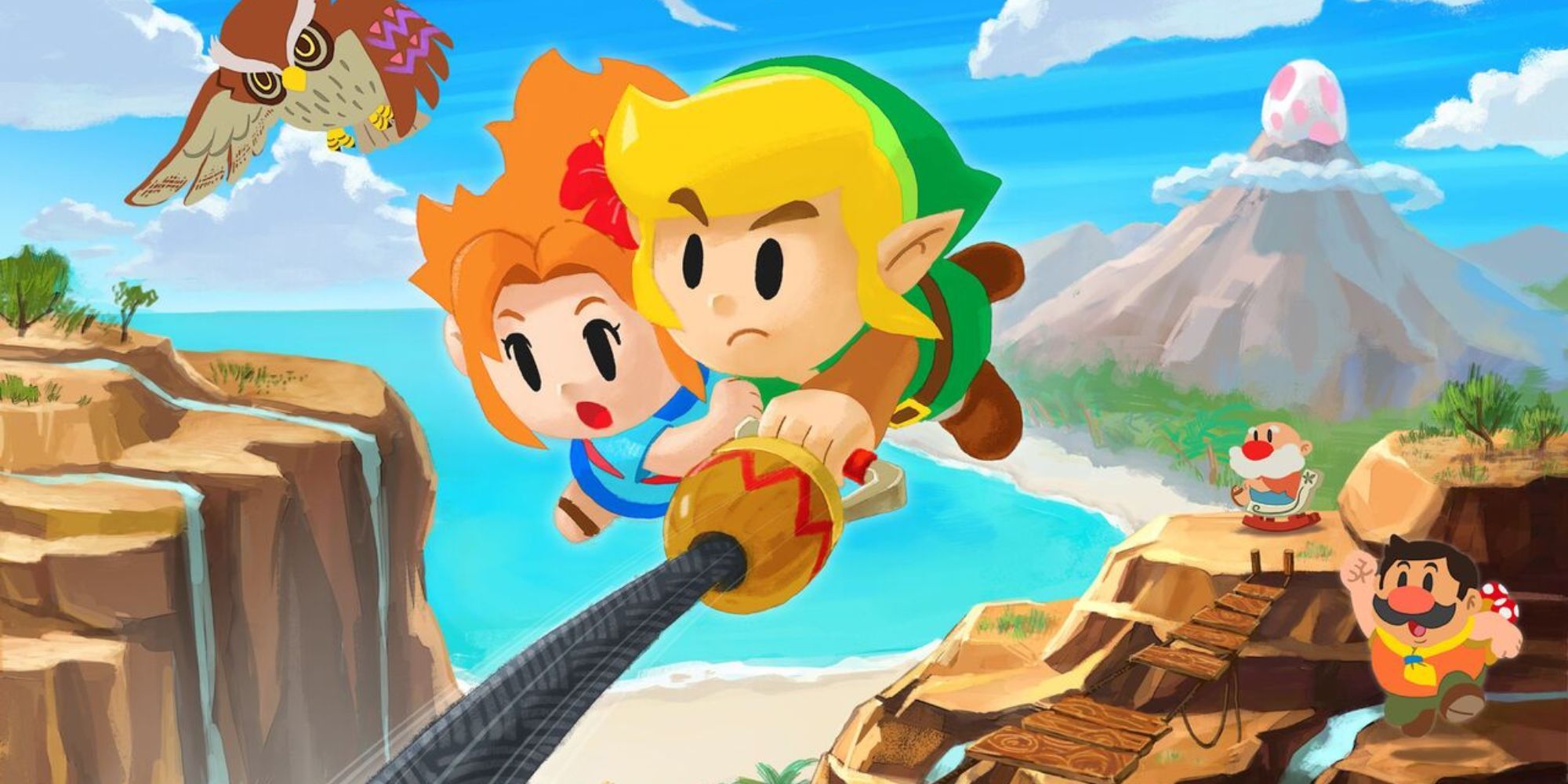 Official art of Link rescuing Marin with his hookshot.