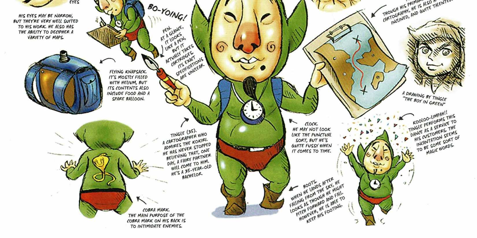 Official concept art of Tingle in Hyrule Historia explains the reasoning behind his yellow cobra.