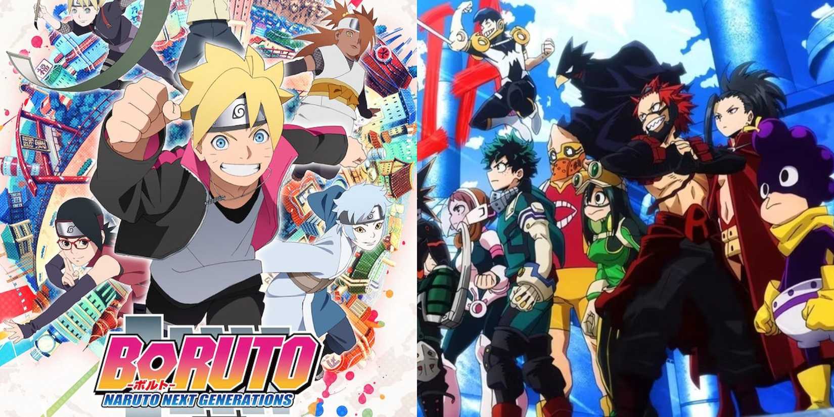 Official poster for Boruto and official screenshot of the entire 1-A class.