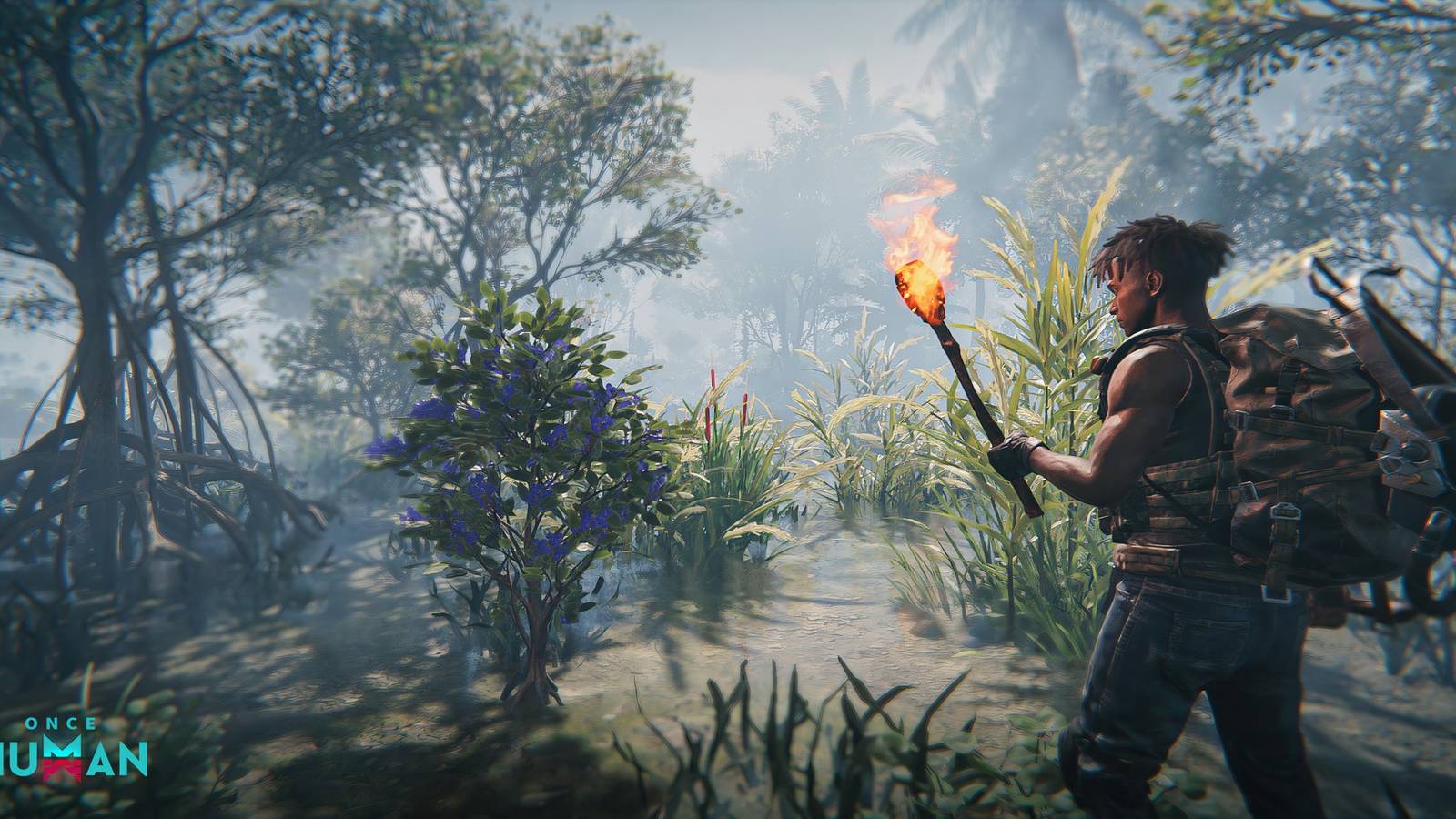 once human guy holding torch exploring