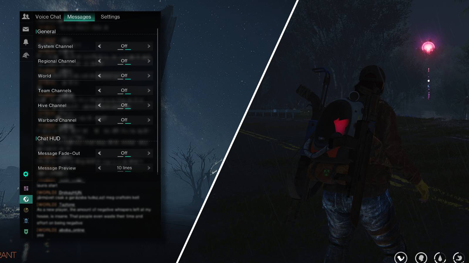 Split image showcasing the settings for the text chat feature in Once Human