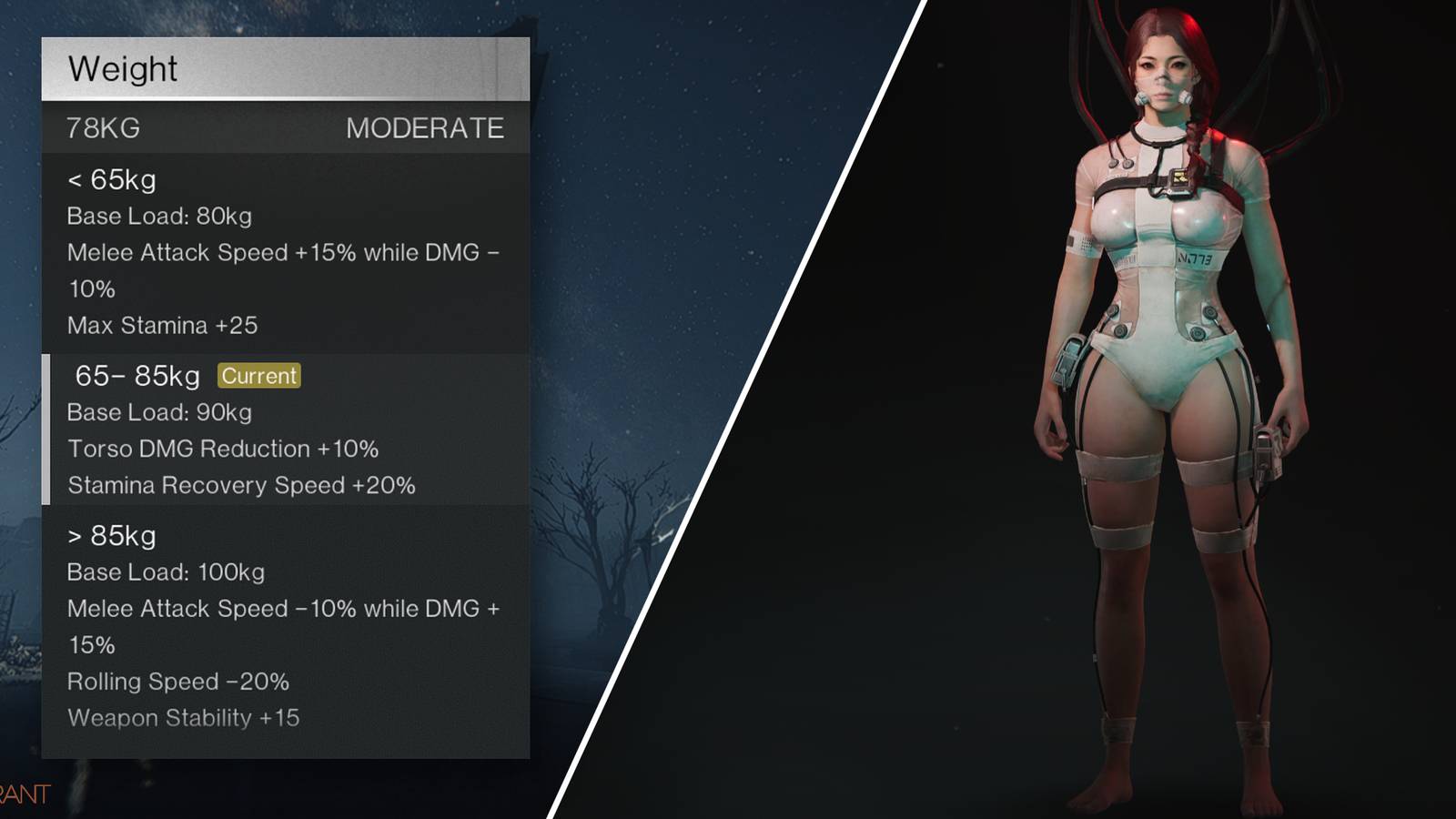 Split-image showcasing the Weight stat and the character customisation process in Once Human