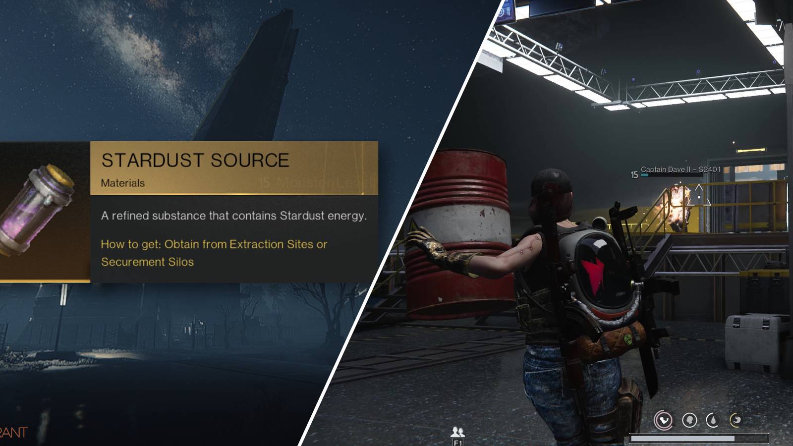 Split-image showcasing Stardust Source in Once Human along with a Securement Silo boss fight