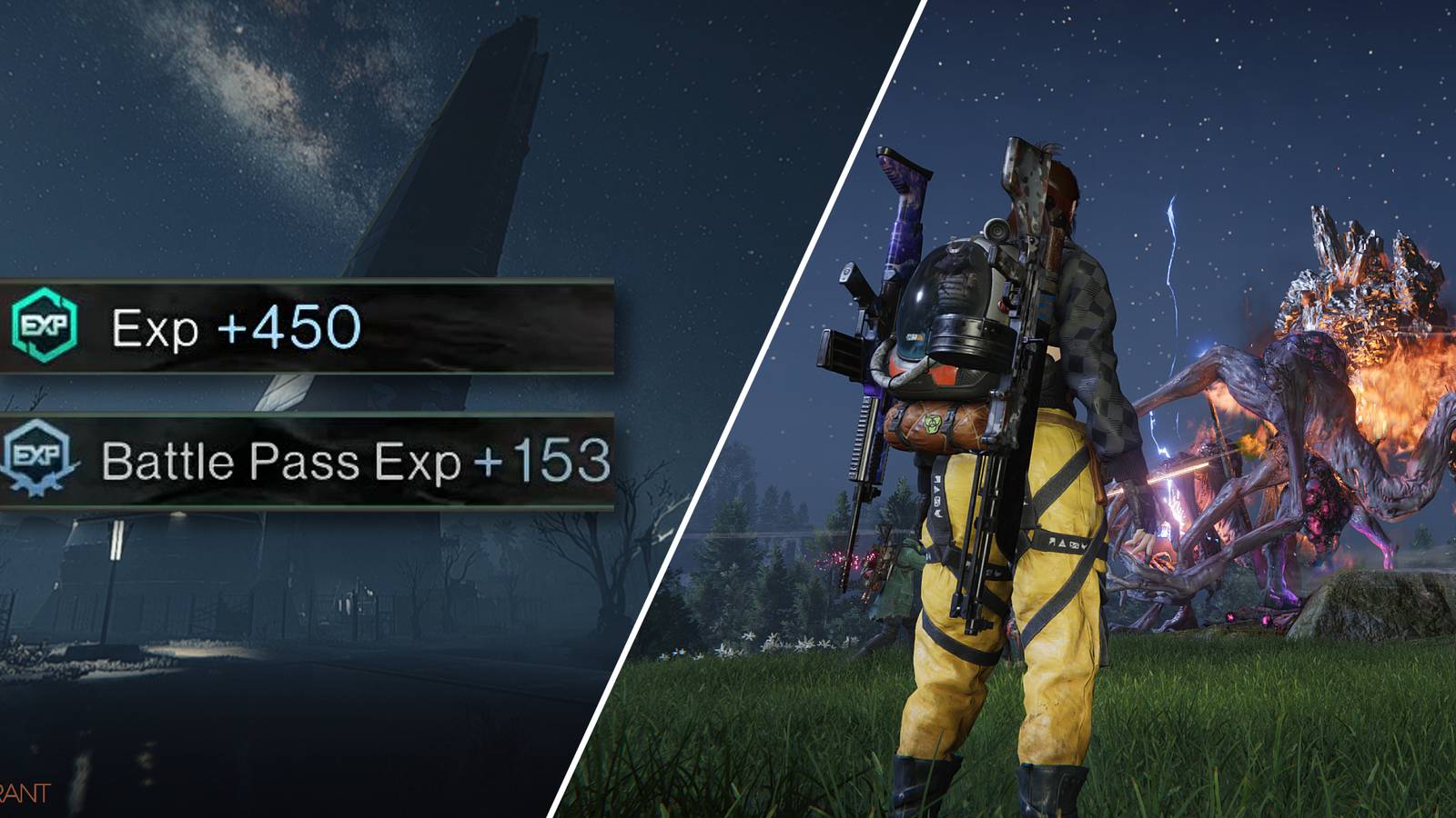 Split-image showcasing EXP and a Rift Entity in Once Human