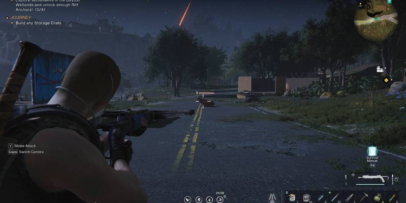 once human hunting a deer with a crossbow in the road