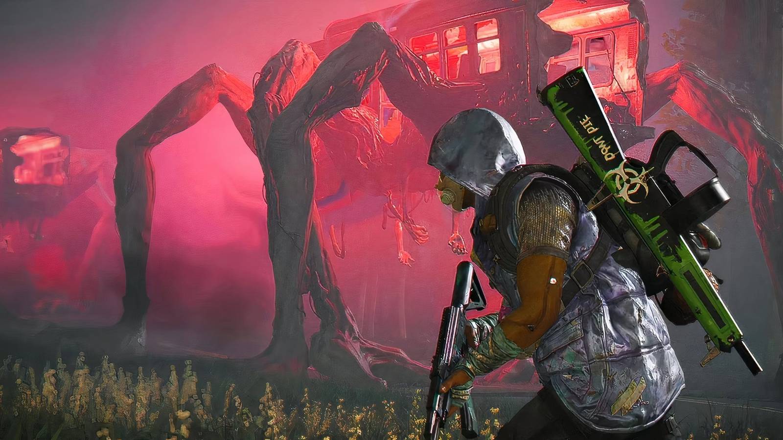 Once Human player with guns running from a house monster