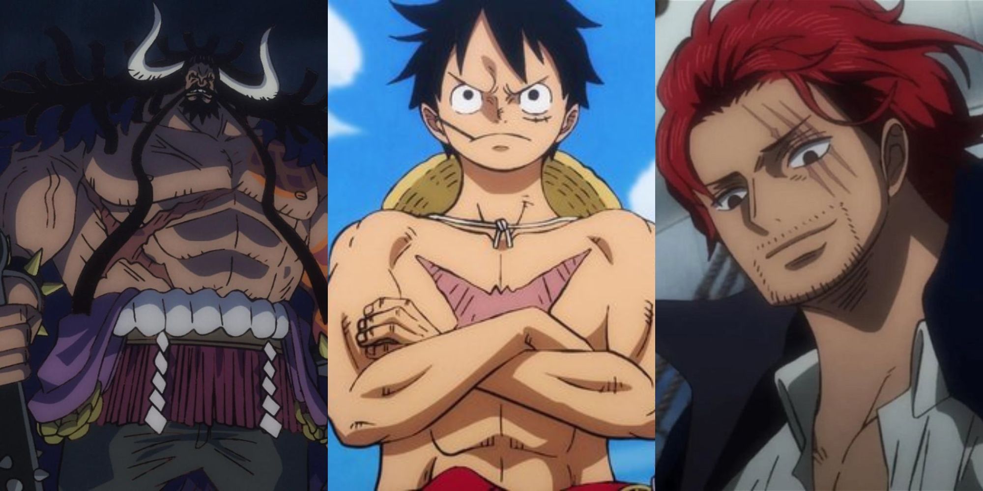 A collage of 3 One Piece characters with prominent scars: Kaido, Monkey D. Luffy and Shanks.