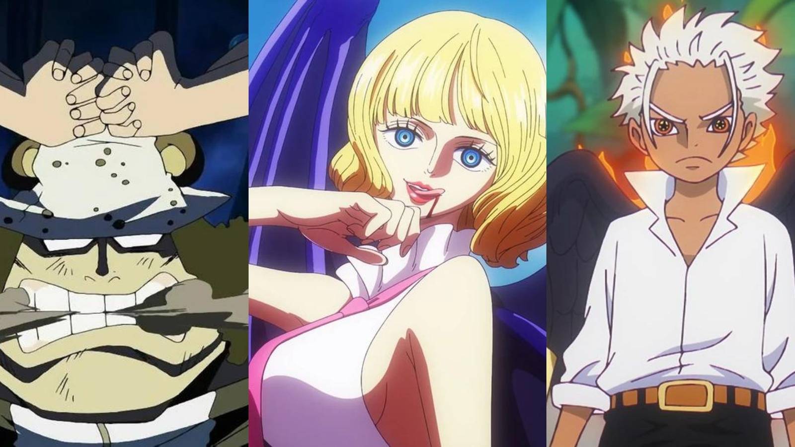 A collage of prominent One Piece characters who happen to be clones: Pacifista (Cloned from Kuma), Stussy (Cloned from Buckingham Stussy) and S-Hawk (Cloned from Mihawk).