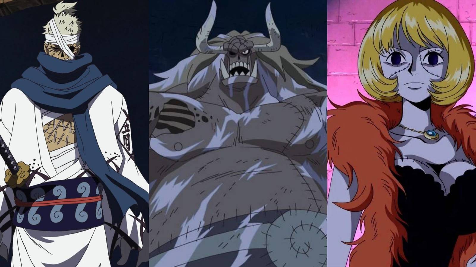 A collage of some of the most relevant zombies in One Piece: Shimotsuki Ryuma, Oars and Victoria Cindry.