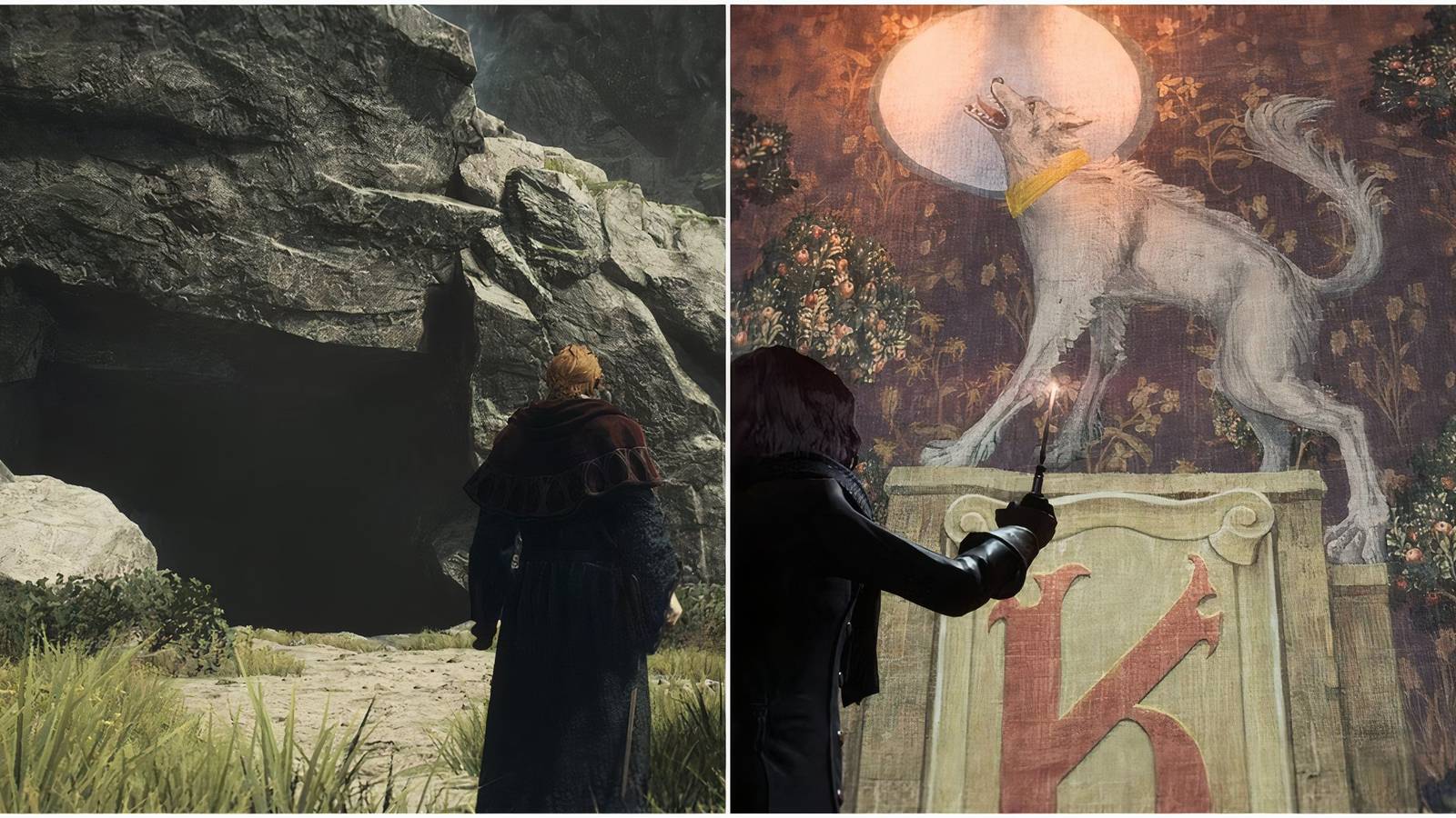 A split image of Dragon's Dogma 2 and Hogwarts Legacy