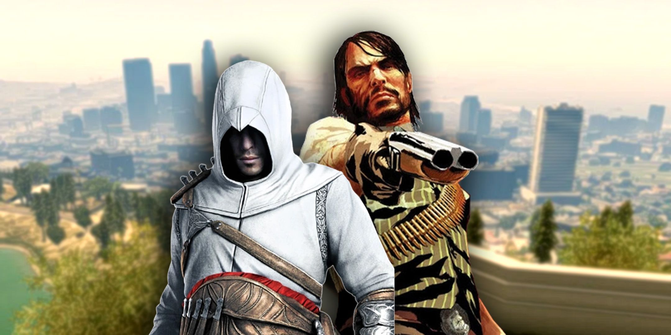 Altair and John Marston standing in GTA 5 Los Santos