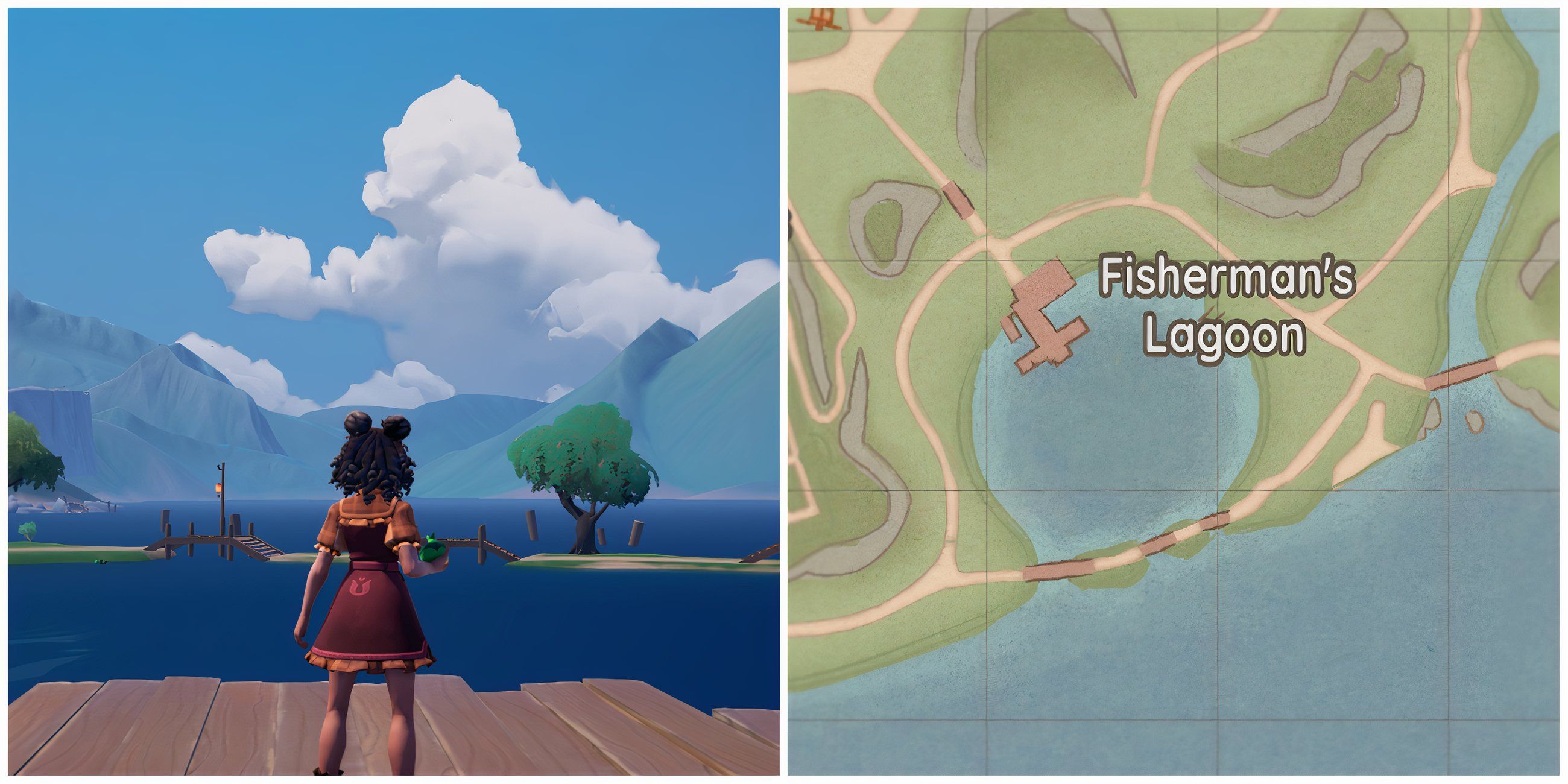 A Palia player with bug bombs at the Fisherman's Lagoon location on the map