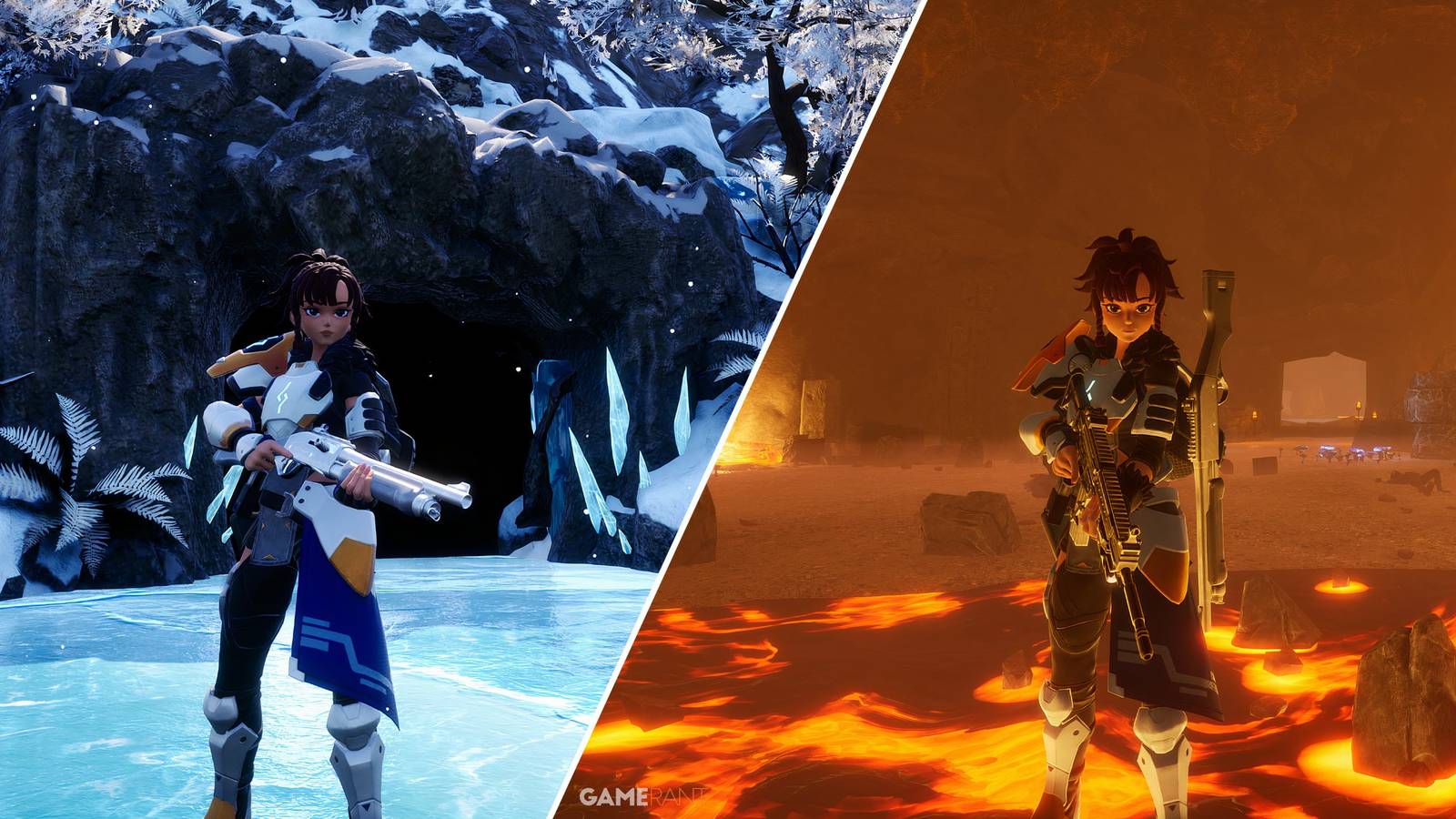 Split-image showcasing the dungeons of Palworld