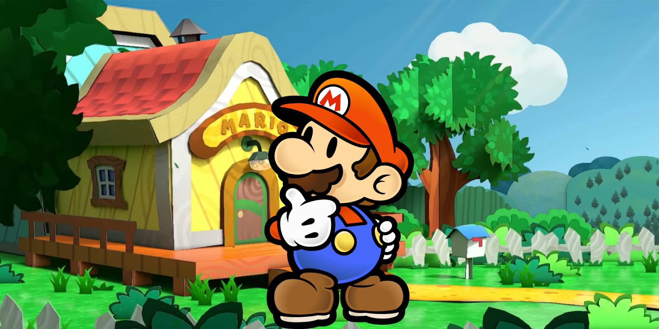A thoughtful Mario in front of his house from Paper Mario: The Thousand-Year Door
