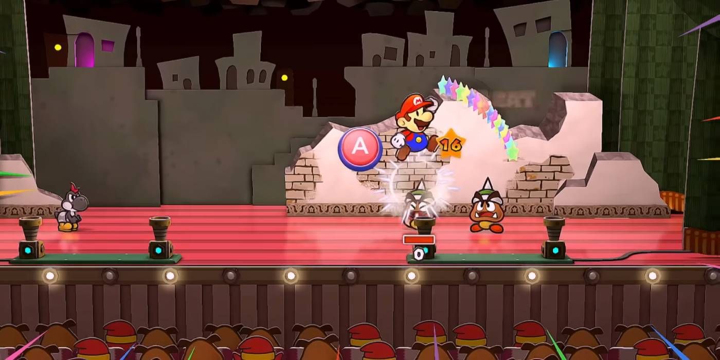 Danger Mario jumping on a Spiked Goomba in Paper Mario: The Thousand-Year Door