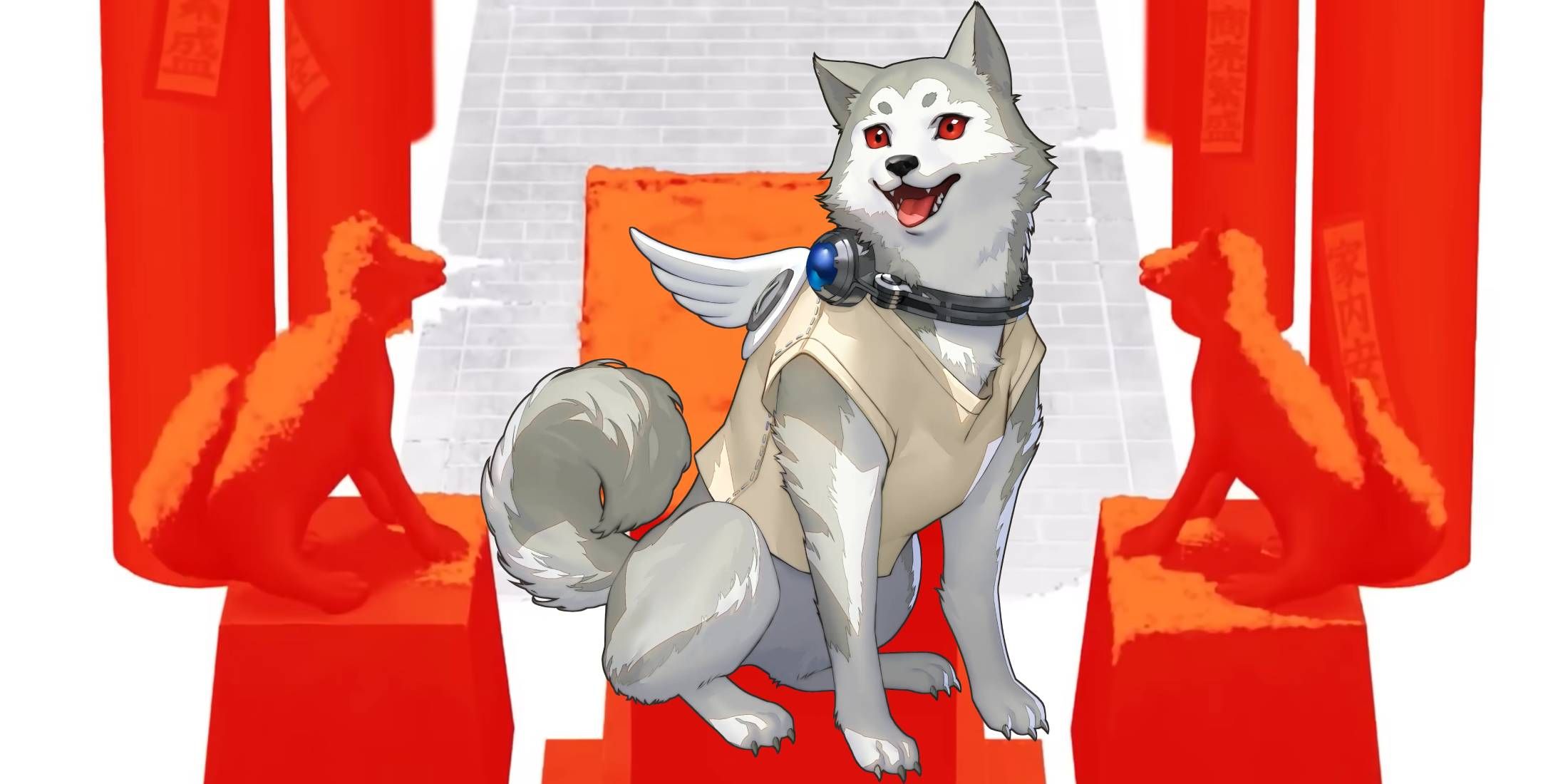 Koromaru with a set of dog statues from Persona 3 Reload's intro