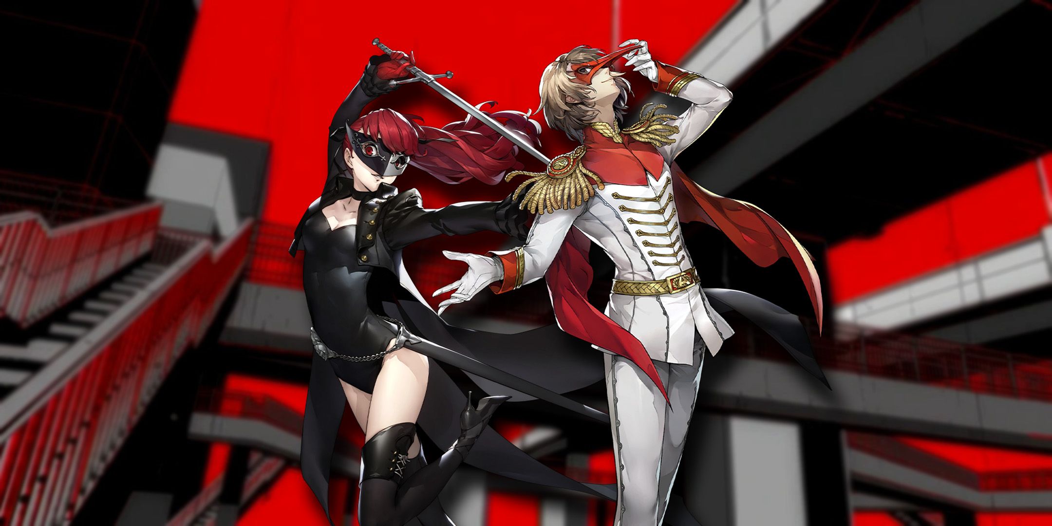 Kasumi and Akechi from Persona 5 Royal standing near gray stairs and bridge with a red sky