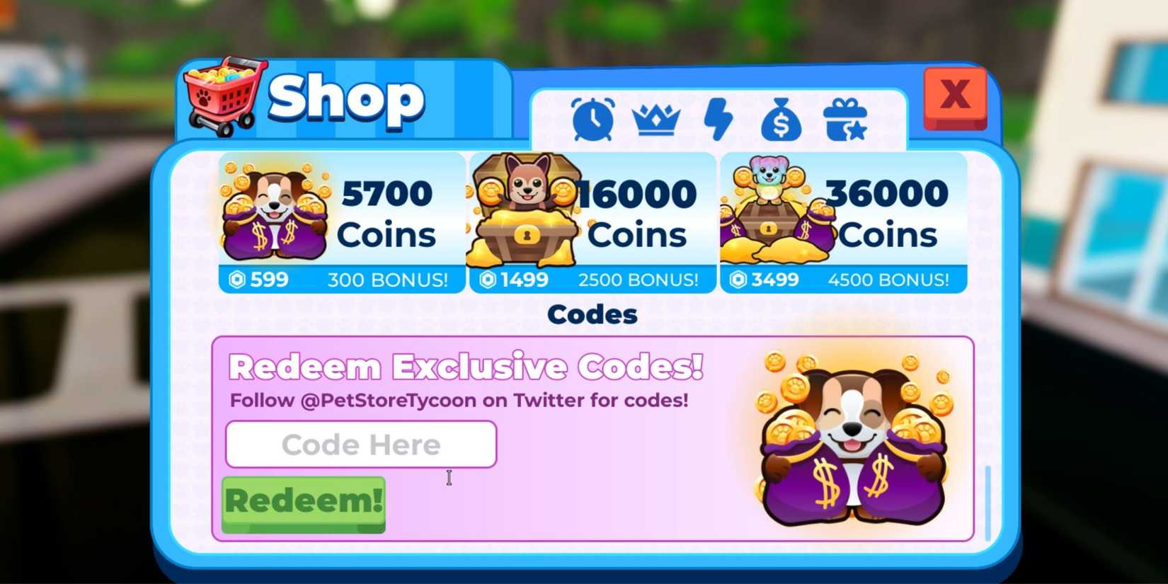 Pet Store Tycoon 2 the codes tab
