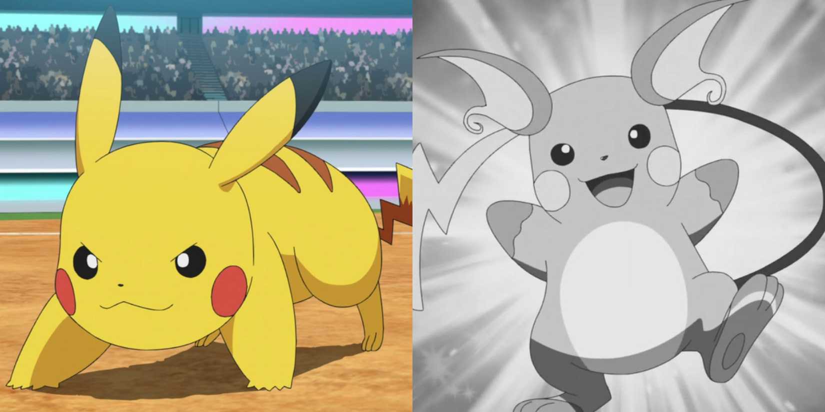 Pikachu and Raichu in the Pokemon anime.