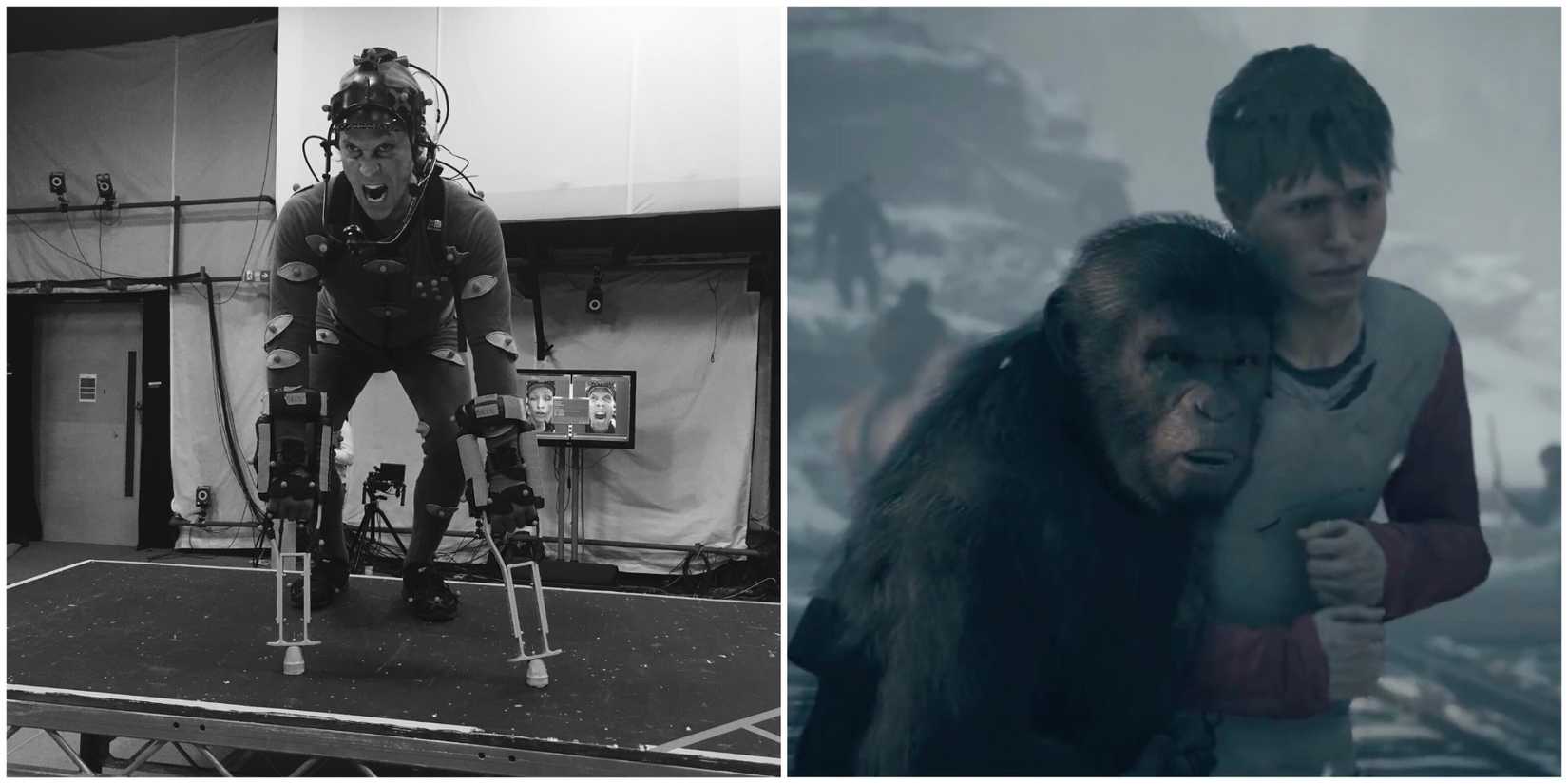 image of Planet of the Apes Last Frontier gameplay and Neil Newbon in motion capture for the game