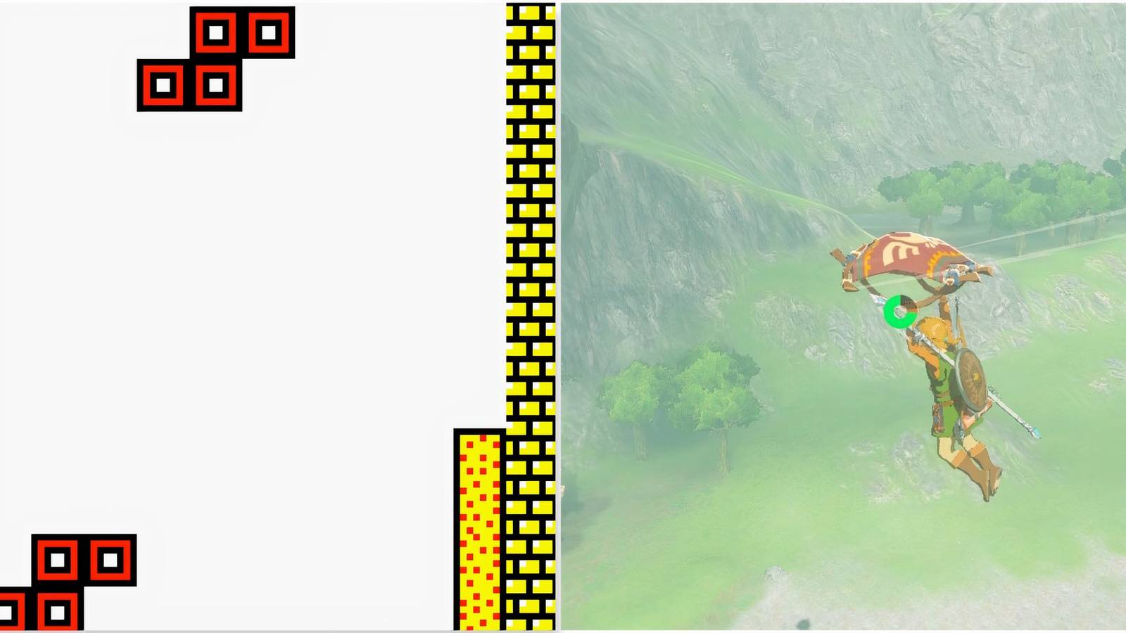 Playing a round in Tetris and gliding in The Legend Of Zelda Breath Of The Wild