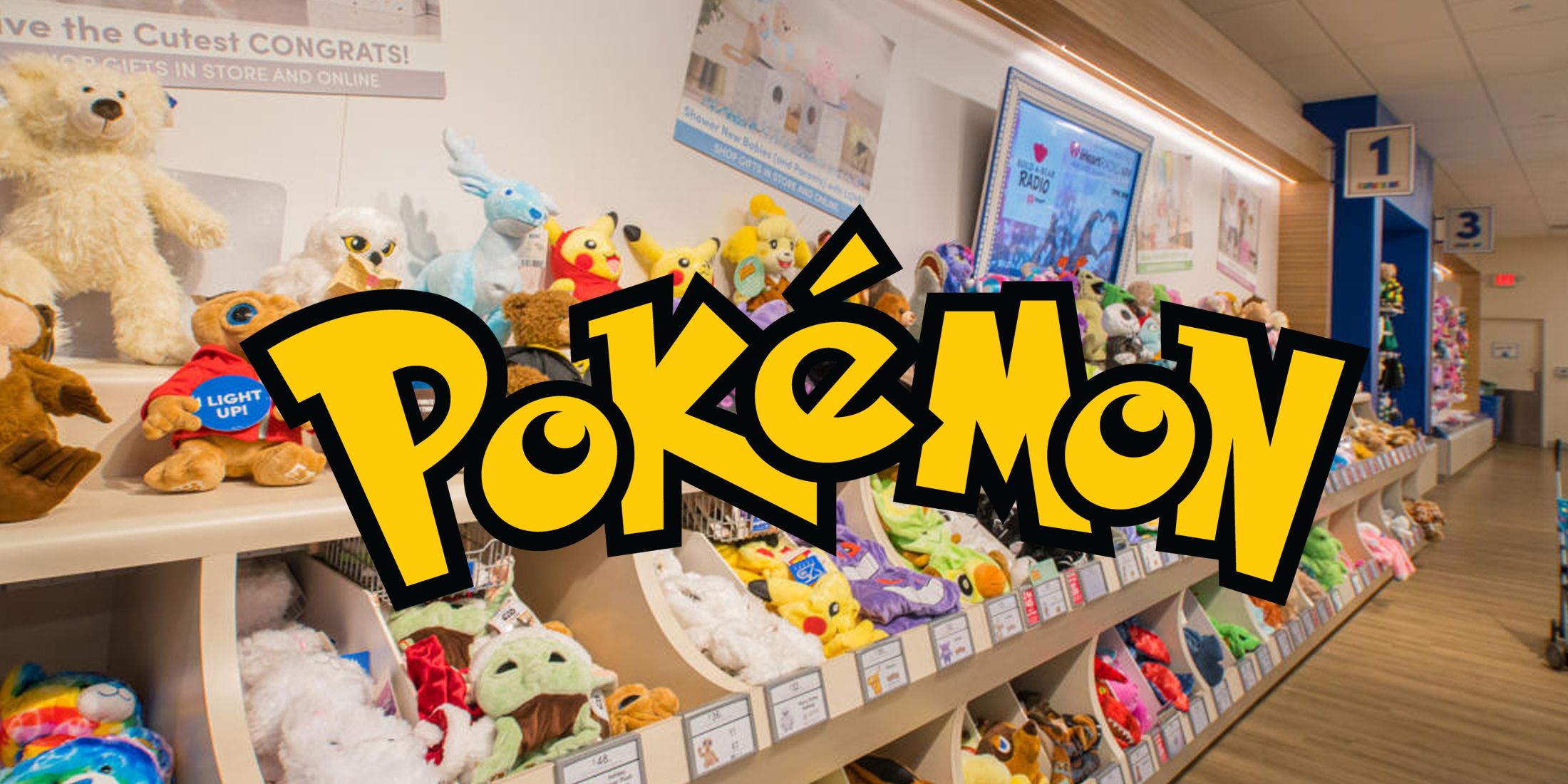 A photo of a Build-a-Bear store with a yellow-and-black Pokemon logo in front.