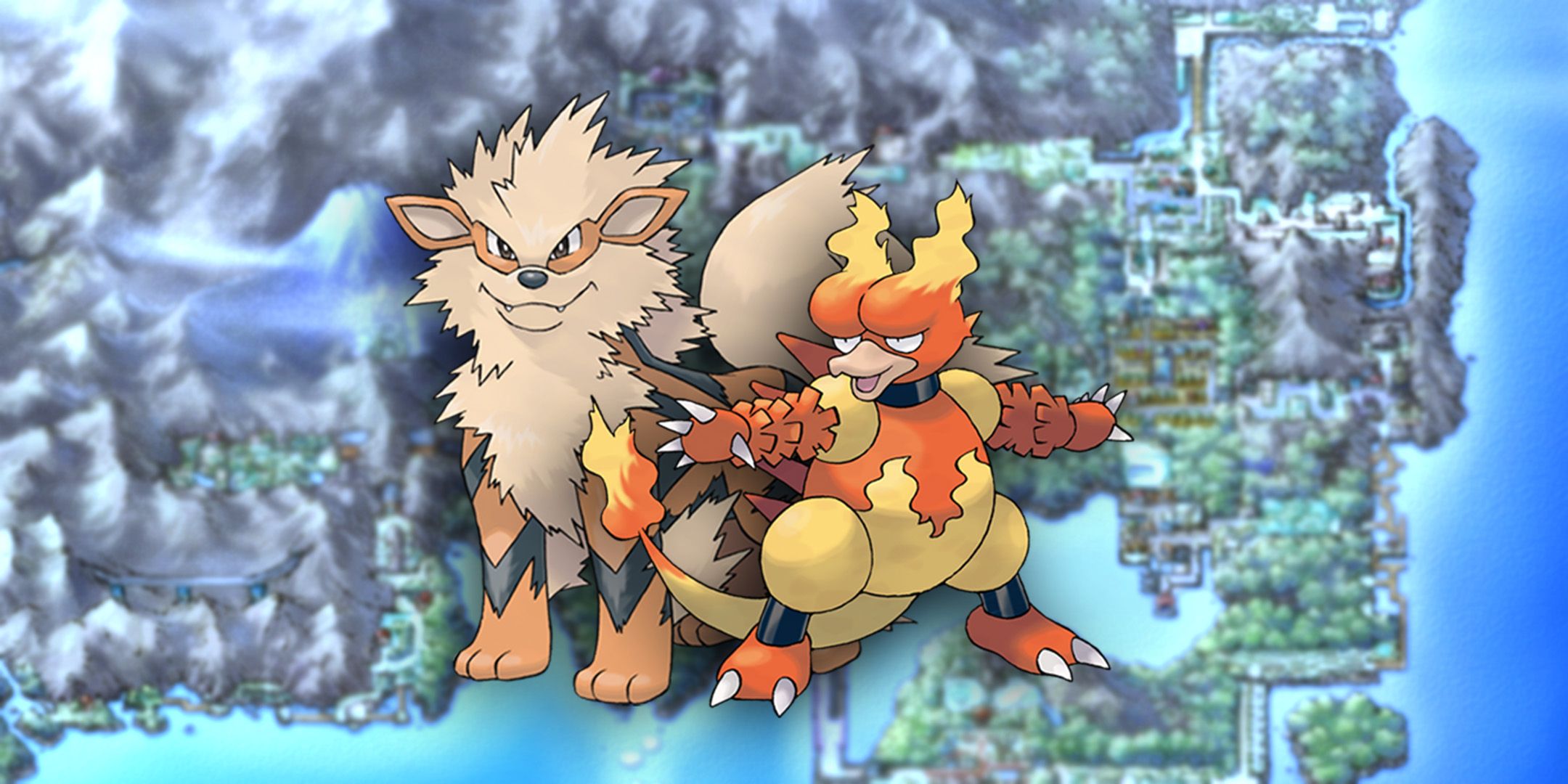 Arcanine and Magmar standing beside each other in front of a map of Kanto