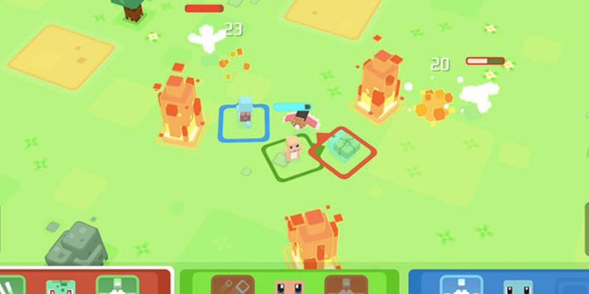 Bulbasaur, Squirtle and Charmander attacking wild Pokemon in Pokemon Quest