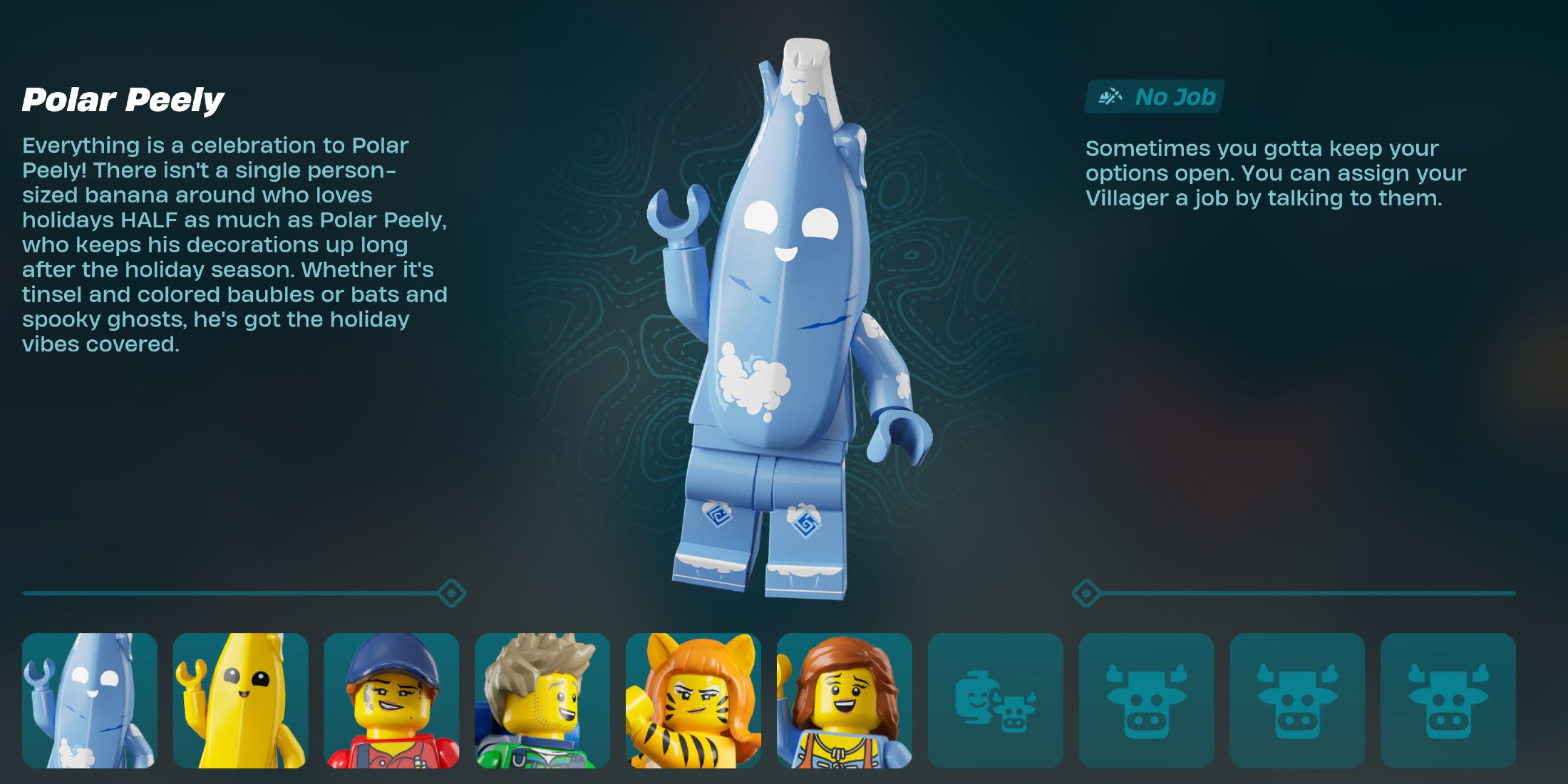 Screenshot showcasing Polar Peely Resident Bio LEGO Fortnite 