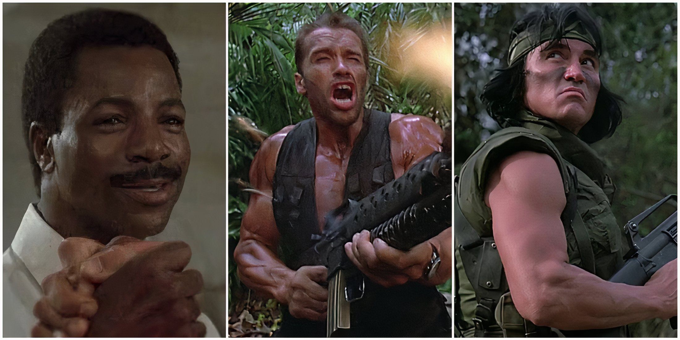 A split image of characters from Predator (1987)