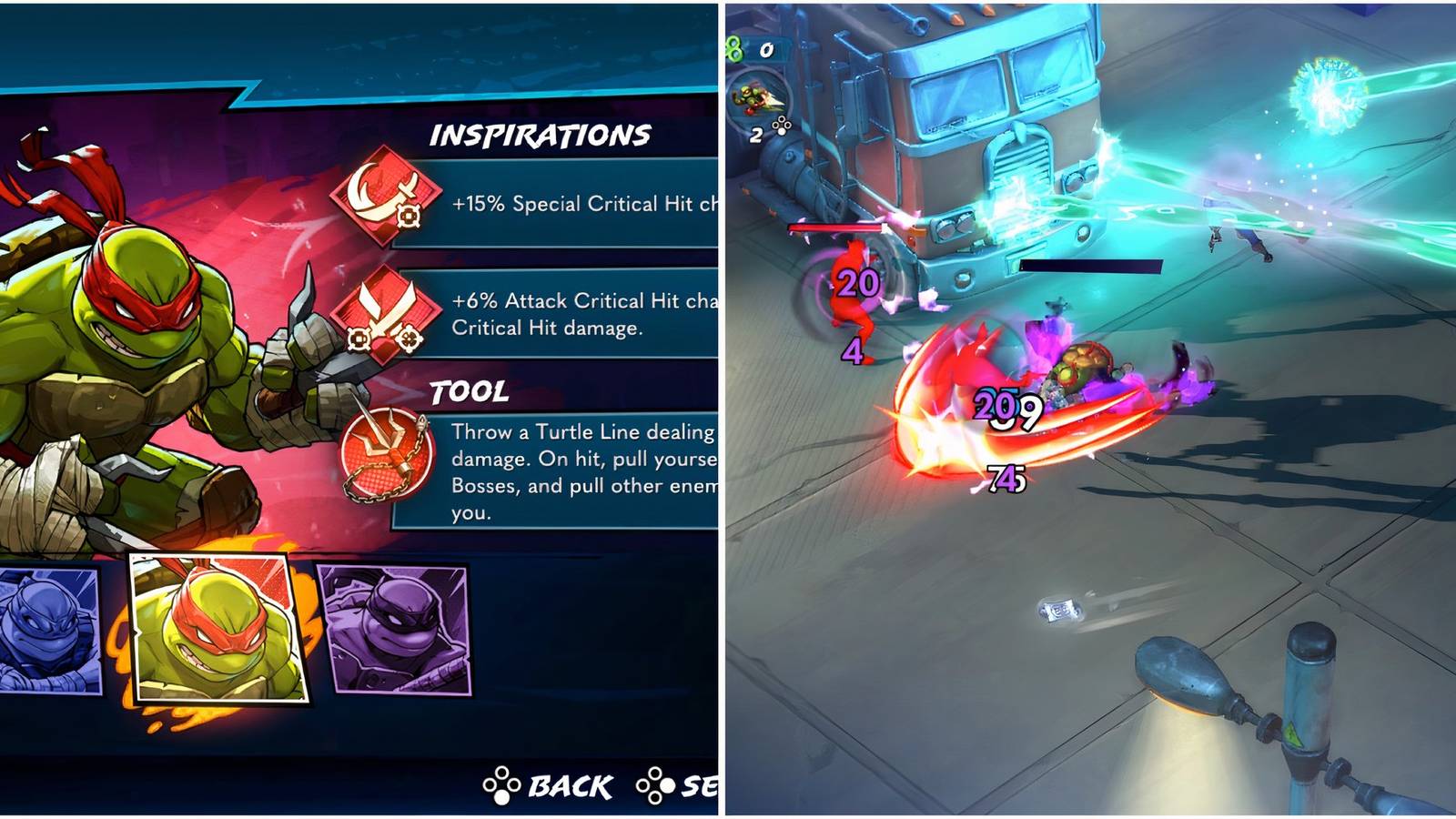 Raphael selection screen and fighting enemies in Teenage Mutant Ninja Turtles Splintered Fate